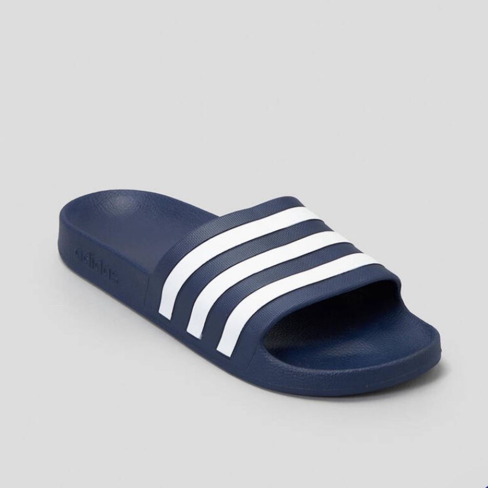 adidas® Adilette Aqua Slides Dark Blue with White Stripes, women’s Size 7